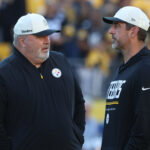 Aug 21, 2026; Pittsburgh, Pennsylvania, USA; Pittsburgh Steelers head coach Mike McCarthy (left) talks with quarterback Aaron Rodgers (right) before the game against the New York Jets at Acrisure Stadium. Mandatory Credit: Charles LeClaire-Imagn Images