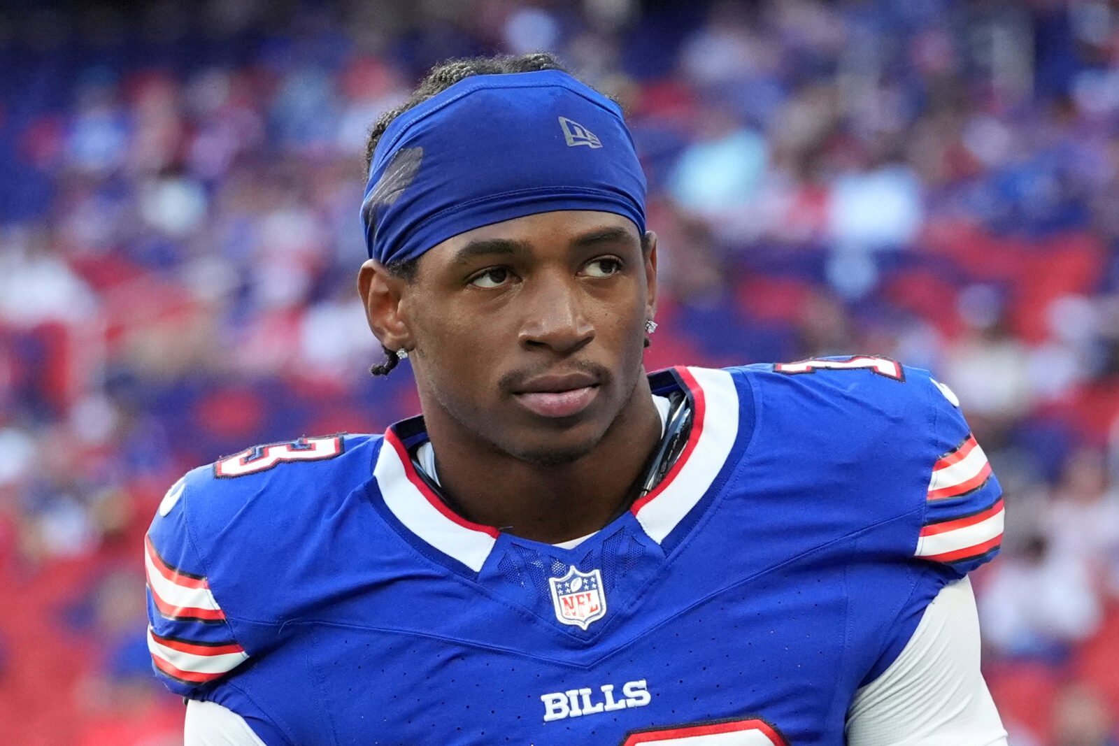 Aug 27, 2026; Orchard Park, New York, USA; Buffalo Bills wide receiver Skyler Bell (13) looks on during warmups prior to the game against the Pittsburgh Steelers at New Highmark Stadium. Mandatory Credit: Gregory Fisher-Imagn Images
