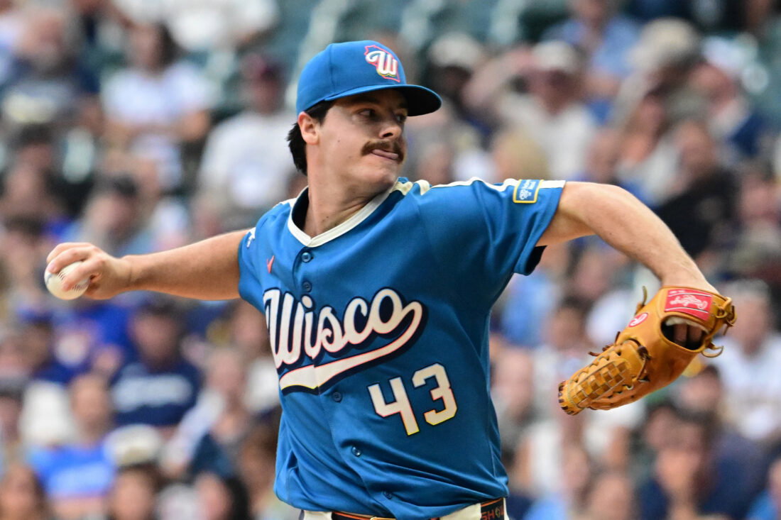 Aug 28, 2026; Milwaukee, Wisconsin, USA; Milwaukee Brewers starting pitcher Logan Henderson (43) throws a pitch in the first inning against the Texas Rangers at American Family Field. Mandatory Credit: Benny Sieu-Imagn Images