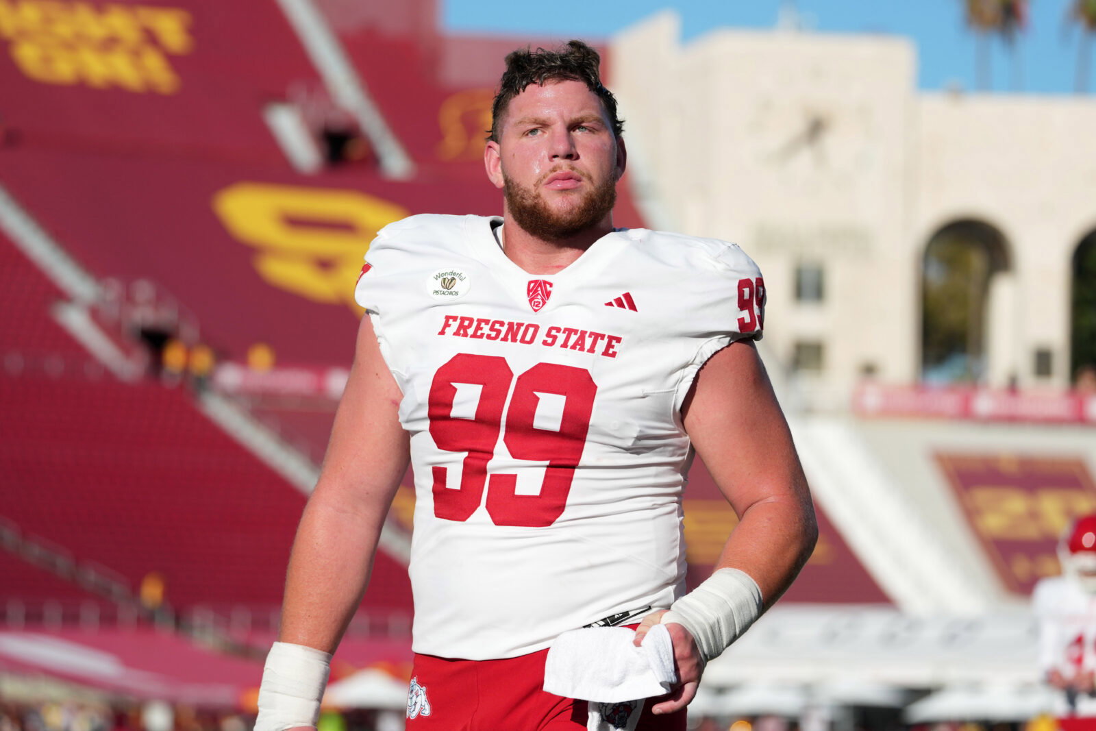 Sep 4, 2026; Los Angeles, California, USA; Fresno State Bulldogs defensive lineman Logan Goodspeed (99) during the game against the Southern California Trojans at United Airlines Field at Los Angeles Memorial Coliseum. Mandatory Credit: Kirby Lee-Imagn Images