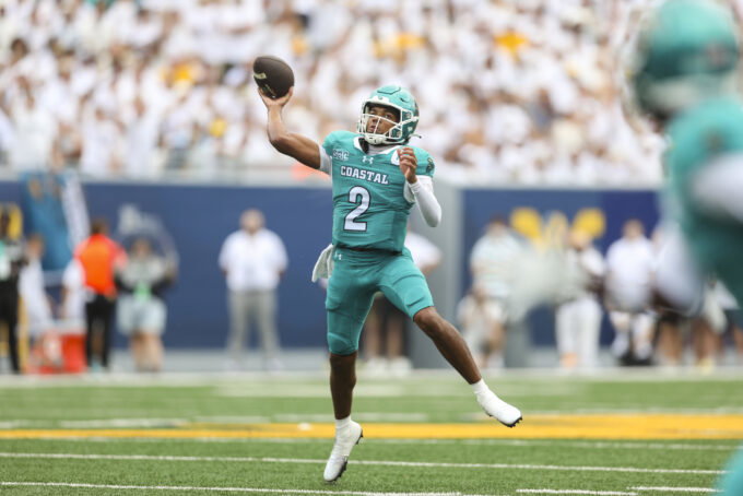 Sep 5, 2026; Morgantown, West Virginia, USA; Coastal Carolina Chanticleers quarterback Deuce Bailey (2) throws a pass during the third quarter against the Coastal Carolina Chanticleers at Milan Puskar Stadium. Mandatory Credit: Ben Queen-Imagn Images