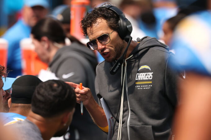 Sep 13, 2026; Inglewood, California, USA; Los Angeles Chargers offensive coordinator Mike McDaniel on the sidelines during the first half against the Arizona Cardinals at SoFi Stadium.