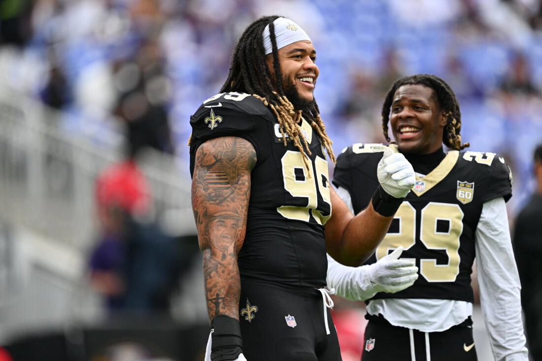 Sep 20, 2026; Baltimore, Maryland, USA; New Orleans Saints defensive end Chase Young (99) prior to the game against the Baltimore Ravens at M&T Bank Stadium. Mandatory Credit: Jamie Sabau-Imagn Images