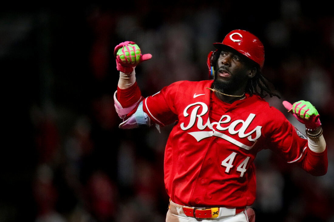 Cincinnati Reds shortstop Elly de la Cruz (44) runs the bases after hitting his 10th home run of the season in the eighth inning of the MLB National League game between the Cincinnati Reds and the Colorado Rockies at Great American Ball Park in downtown Cincinnati on Tuesday, April 28, 2026. The Reds won the opening game of the series, 7-2.