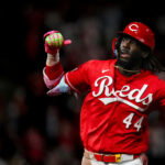 Cincinnati Reds shortstop Elly de la Cruz (44) runs the bases after hitting his 10th home run of the season in the eighth inning of the MLB National League game between the Cincinnati Reds and the Colorado Rockies at Great American Ball Park in downtown Cincinnati on Tuesday, April 28, 2026. The Reds won the opening game of the series, 7-2.