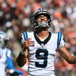 Sep 27, 2026; Cleveland, Ohio, USA; Carolina Panthers quarterback Bryce Young (9) reacts after a play against the Cleveland Browns during the second quarter at Huntington Bank Field. Mandatory Credit: Ken Blaze-Imagn Images