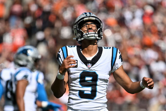Sep 27, 2026; Cleveland, Ohio, USA; Carolina Panthers quarterback Bryce Young (9) reacts after a play against the Cleveland Browns during the second quarter at Huntington Bank Field. Mandatory Credit: Ken Blaze-Imagn Images