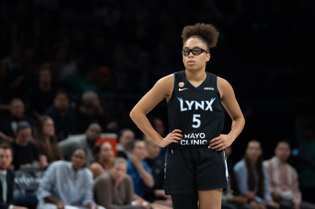 Sep 27, 2026; Minneapolis, Minnesota, USA; Minnesota Lynx guard Olivia Miles (5) looks on against the New York Liberty in the first half during game one of the first round for the 2026 WNBA Playoffs at Target Center. Mandatory Credit: Jesse Johnson-Imagn Images