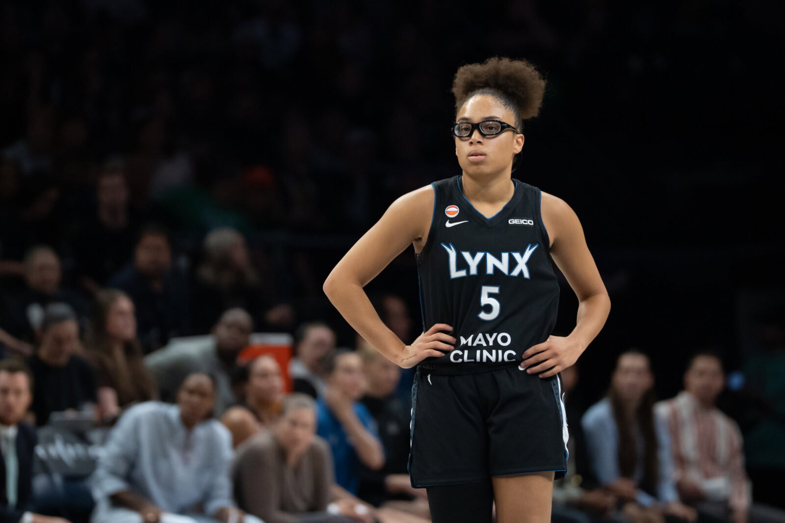 Sep 27, 2026; Minneapolis, Minnesota, USA; Minnesota Lynx guard Olivia Miles (5) looks on against the New York Liberty in the first half during game one of the first round for the 2026 WNBA Playoffs at Target Center. Mandatory Credit: Jesse Johnson-Imagn Images