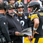 Pittsburgh Steelers quarterback Aaron Rodgers (8) checks with head coach Mike McCarthy after calling a timeout in the fourth quarter of the NFL Week 3 game between the Pittsburgh Steelers and the Cincinnati Bengals at Acrisure Stadium in Pittsburgh on Sunday, Sept. 27, 2026. The Bengals fell to 2-1 on the season with a 30-27 loss on the road.