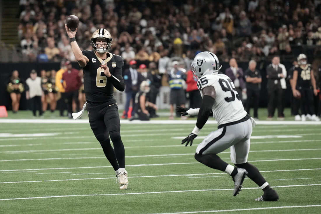 Sep 27, 2026; New Orleans, Louisiana, USA; New Orleans Saints quarterback Tyler Shough (6) throws in the second half against the Las Vegas Raiders at Caesars Superdome. Mandatory Credit: Matthew Hinton-Imagn Images