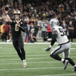 Sep 27, 2026; New Orleans, Louisiana, USA; New Orleans Saints quarterback Tyler Shough (6) throws in the second half against the Las Vegas Raiders at Caesars Superdome. Mandatory Credit: Matthew Hinton-Imagn Images
