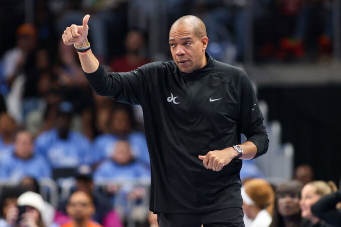 Sep 27, 2026; Atlanta, Georgia, USA; Washington Mystics head coach Sydney Johnson on the sideline against the Atlanta Dream in the first quarter during game one of the first round for the 2026 WNBA Playoffs at State Farm Arena. Mandatory Credit: Brett Davis-Imagn Images