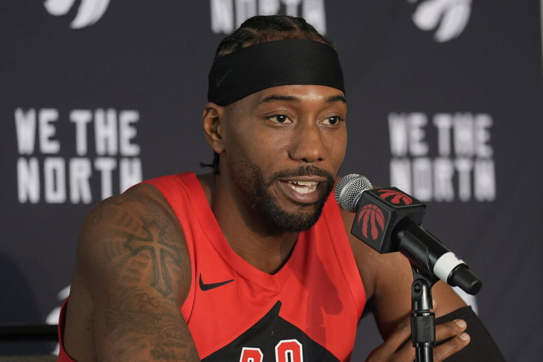 Sep 28, 2026; Toronto, ON, Canada; Toronto Raptors forward Kawhi Leonard (2) talks to the media during Toronto Raptors-Media Day at Hotel-X. Mandatory Credit: John E. Sokolowski-Imagn Images