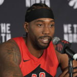 Sep 28, 2026; Toronto, ON, Canada; Toronto Raptors forward Kawhi Leonard (2) talks to the media during Toronto Raptors-Media Day at Hotel-X. Mandatory Credit: John E. Sokolowski-Imagn Images