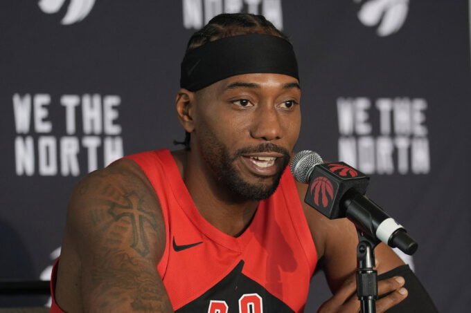 Sep 28, 2026; Toronto, ON, Canada; Toronto Raptors forward Kawhi Leonard (2) talks to the media during Toronto Raptors-Media Day at Hotel-X. Mandatory Credit: John E. Sokolowski-Imagn Images
