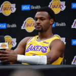 Sep 28, 2026; El Segundo, CA, USA; Los Angeles Lakers player Bronny James (9) during media day at UCLA Health Training Center. Mandatory Credit: Gary A. Vasquez-Imagn Images