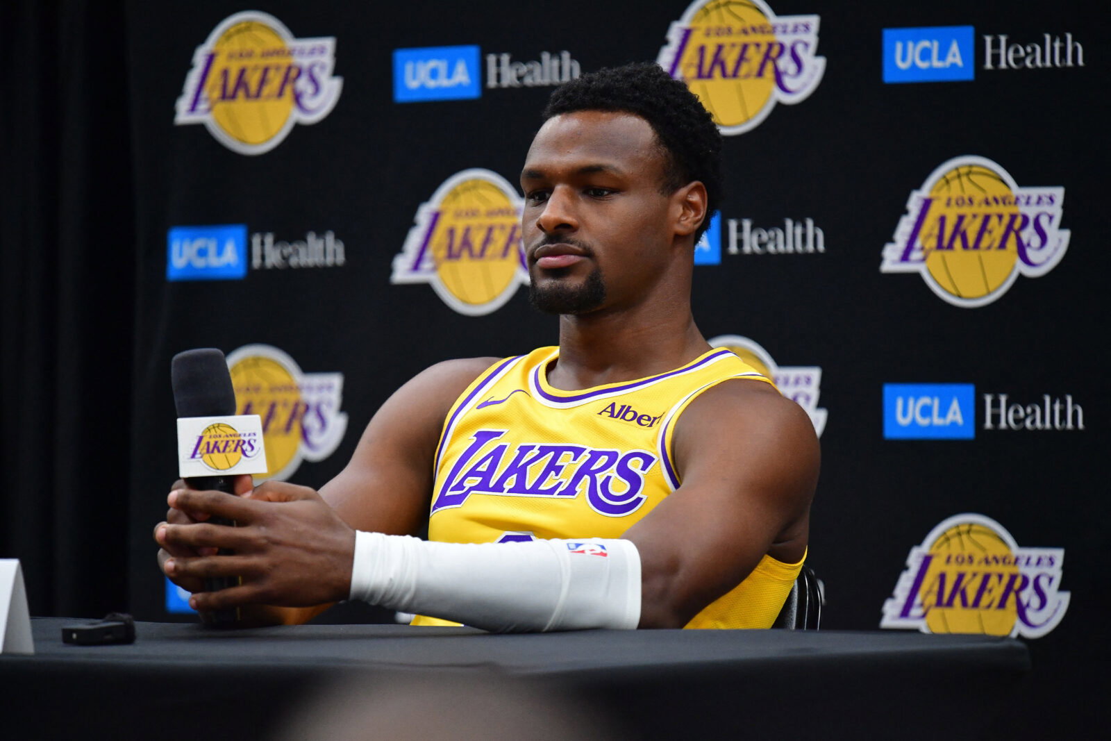 Sep 28, 2026; El Segundo, CA, USA; Los Angeles Lakers player Bronny James (9) during media day at UCLA Health Training Center. Mandatory Credit: Gary A. Vasquez-Imagn Images