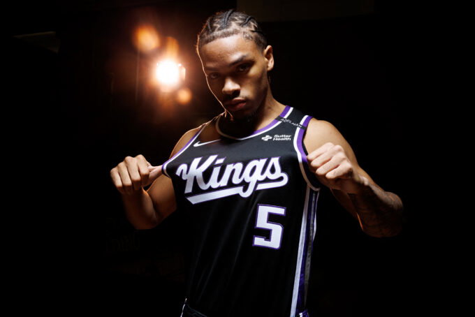 Sep 28, 2026; Sacramento, CA, USA; Sacramento Kings guard Darius Acuff Jr. (5) during media day at Golden 1 Center. Mandatory Credit: Sergio Estrada-Imagn Images