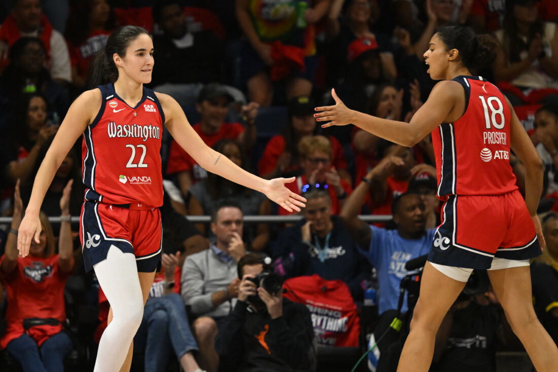 Sep 30, 2026; Washington, District of Columbia, USA; Washington Mystics guard Sonia Citron (22) celebrates a play with guard Cassandre Prosper (18) against the Atlanta Dream during the third quarter of game two of the first round for the 2026 WNBA Playoffs at CareFirst Arena. Mandatory Credit: Rafael Suanes-Imagn Images