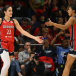 Sep 30, 2026; Washington, District of Columbia, USA; Washington Mystics guard Sonia Citron (22) celebrates a play with guard Cassandre Prosper (18) against the Atlanta Dream during the third quarter of game two of the first round for the 2026 WNBA Playoffs at CareFirst Arena. Mandatory Credit: Rafael Suanes-Imagn Images