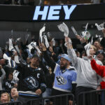 Oct 1, 2026; Salt Lake City, Utah, USA; Utah Mammoth fans celebrate a goal against the Chicago Blackhawks during the first period at Delta Center. Mandatory Credit: Rob Gray-Imagn Images