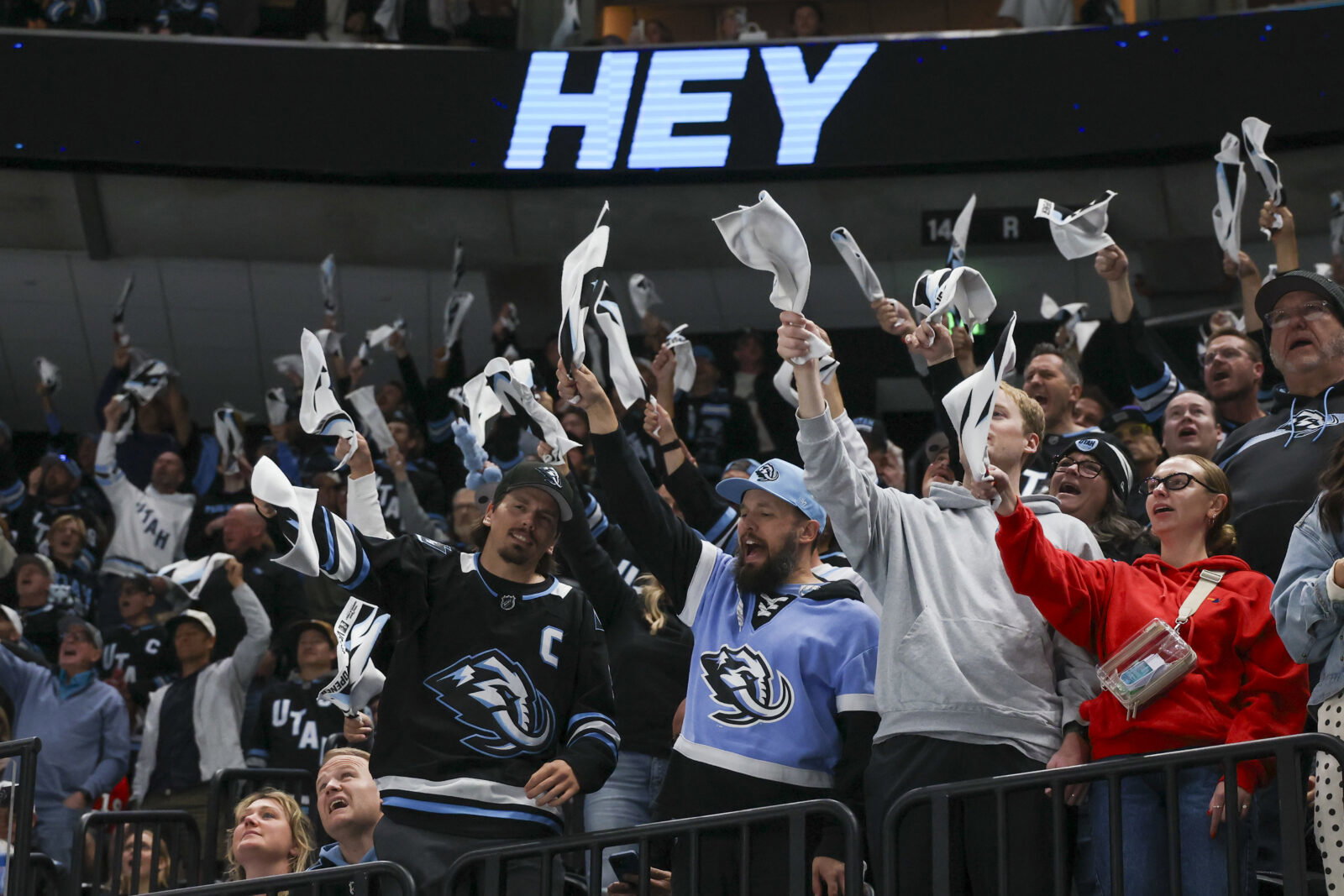 Oct 1, 2026; Salt Lake City, Utah, USA; Utah Mammoth fans celebrate a goal against the Chicago Blackhawks during the first period at Delta Center. Mandatory Credit: Rob Gray-Imagn Images