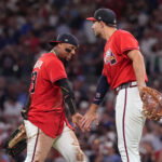 Oct 1, 2026; Cumberland, Georgia, USA; Atlanta Braves outfielder Ronald Acuna Jr. (13) celebrates with infielder Matt Olson (28) after defeating the Philadelphia Phillies in game three of the Wildcard round for the 2026 MLB Playoffs at Truist Field. Mandatory Credit: Dale Zanine-Imagn Images