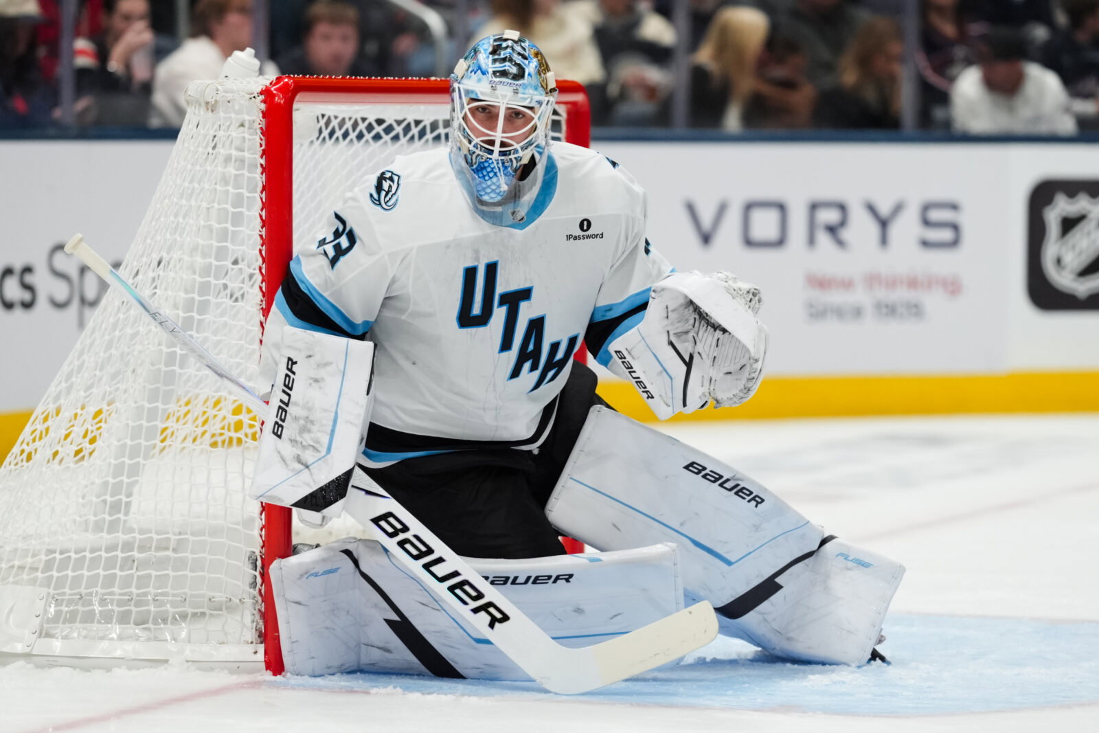 Oct 3, 2026; Columbus, Ohio, USA; Utah Mammoth goaltender Sebastian Cossa (33) defends the net against the Columbus Blue Jackets in the first period at Nationwide Arena. Mandatory Credit: Aaron Doster-Imagn Images