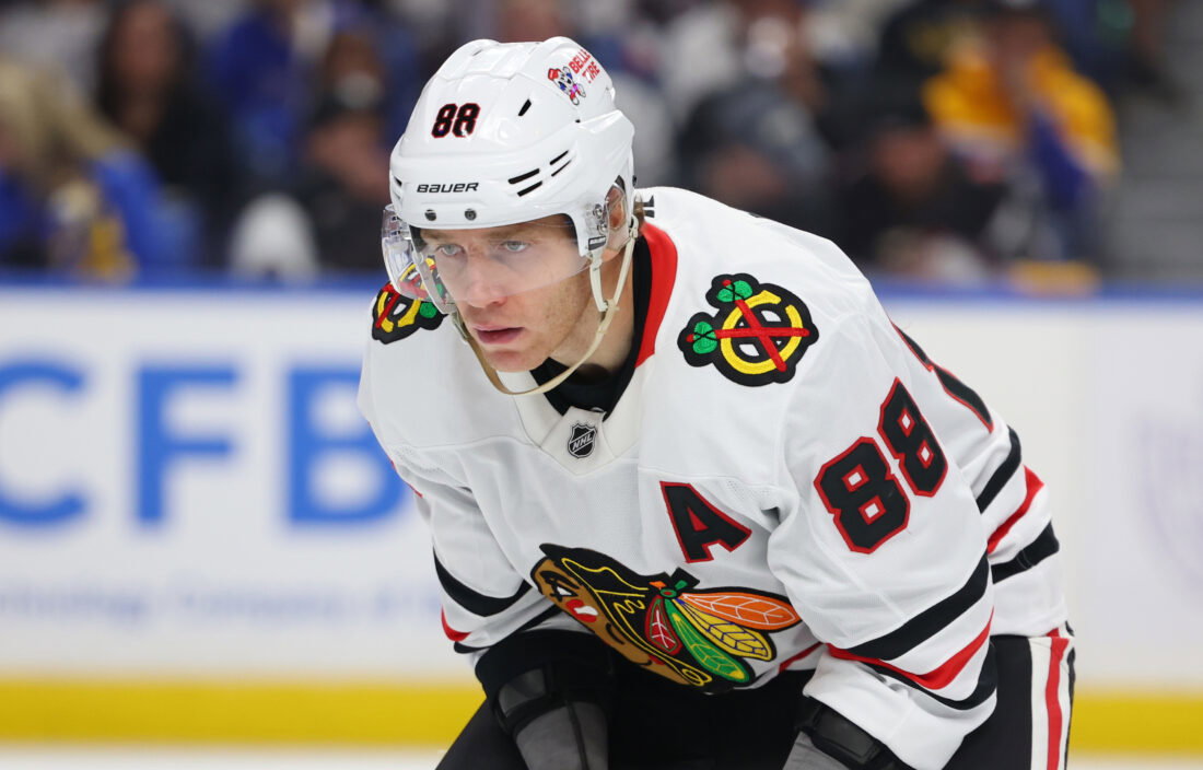 Oct 3, 2026; Buffalo, New York, USA; Chicago Blackhawks right wing Patrick Kane (88) waits for the face-off during the third period against the Buffalo Sabres at KeyBank Center. Mandatory Credit: Timothy T. Ludwig-Imagn Images
