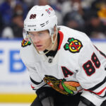 Oct 3, 2026; Buffalo, New York, USA; Chicago Blackhawks right wing Patrick Kane (88) waits for the face-off during the third period against the Buffalo Sabres at KeyBank Center. Mandatory Credit: Timothy T. Ludwig-Imagn Images