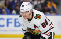 Oct 3, 2026; Buffalo, New York, USA; Chicago Blackhawks right wing Patrick Kane (88) waits for the face-off during the third period against the Buffalo Sabres at KeyBank Center. Mandatory Credit: Timothy T. Ludwig-Imagn Images