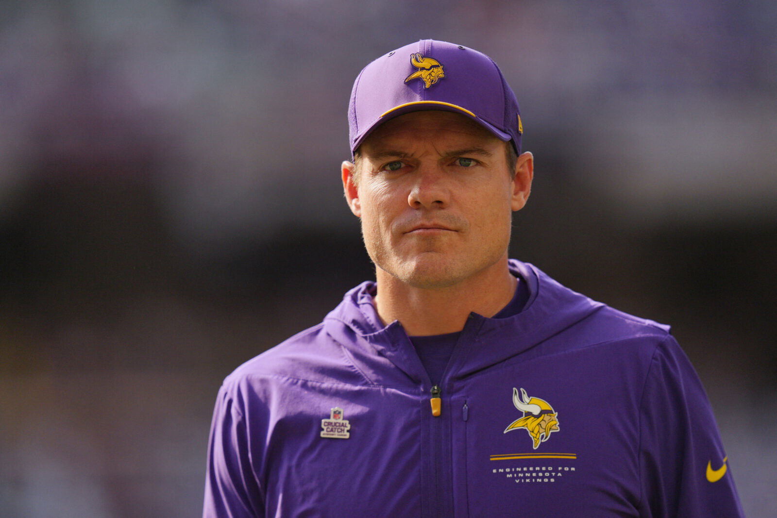 Oct 4, 2026; Minneapolis, Minnesota, USA; Minnesota Vikings head coach Kevin O'Connell looks on before the game against the Miami Dolphins at U.S. Bank Stadium. Mandatory Credit: Brad Rempel-Imagn Images