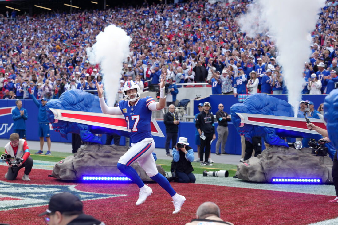 Oct 4, 2026; Orchard Park, New York, USA; Buffalo Bills quarterback Josh Allen (17) takes the field before the game against the New England Patriots at New Highmark Stadium. Mandatory Credit: Gregory Fisher-Imagn Images