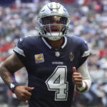 Oct 4, 2026; Houston, Texas, USA; Dallas Cowboys quarterback Dak Prescott (4) jogs onto the field before the game against the Houston Texans at Reliant Stadium. Mandatory Credit: Troy Taormina-Imagn Images