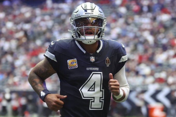 Oct 4, 2026; Houston, Texas, USA; Dallas Cowboys quarterback Dak Prescott (4) jogs onto the field before the game against the Houston Texans at Reliant Stadium. Mandatory Credit: Troy Taormina-Imagn Images
