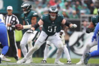 Oct 4, 2026; Philadelphia, Pennsylvania, USA; Philadelphia Eagles center Cam Jurgens (51) plays against the Los Angeles Rams at Lincoln Financial Field.