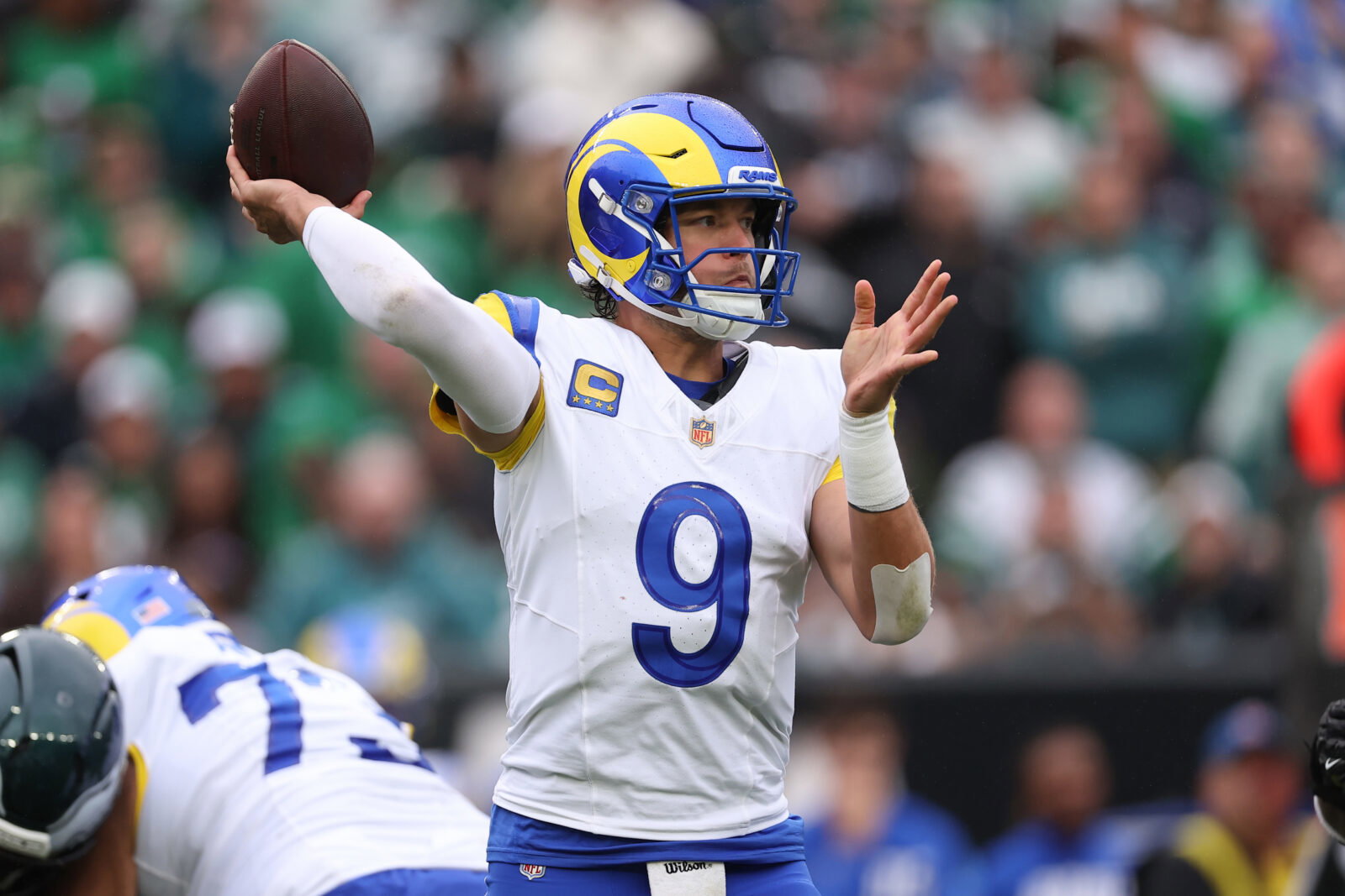 Oct 4, 2026; Philadelphia, Pennsylvania, USA; Los Angeles Rams quarterback Matthew Stafford (9) in action against the Philadelphia Eagles at Lincoln Financial Field. Mandatory Credit: Bill Streicher-Imagn Images