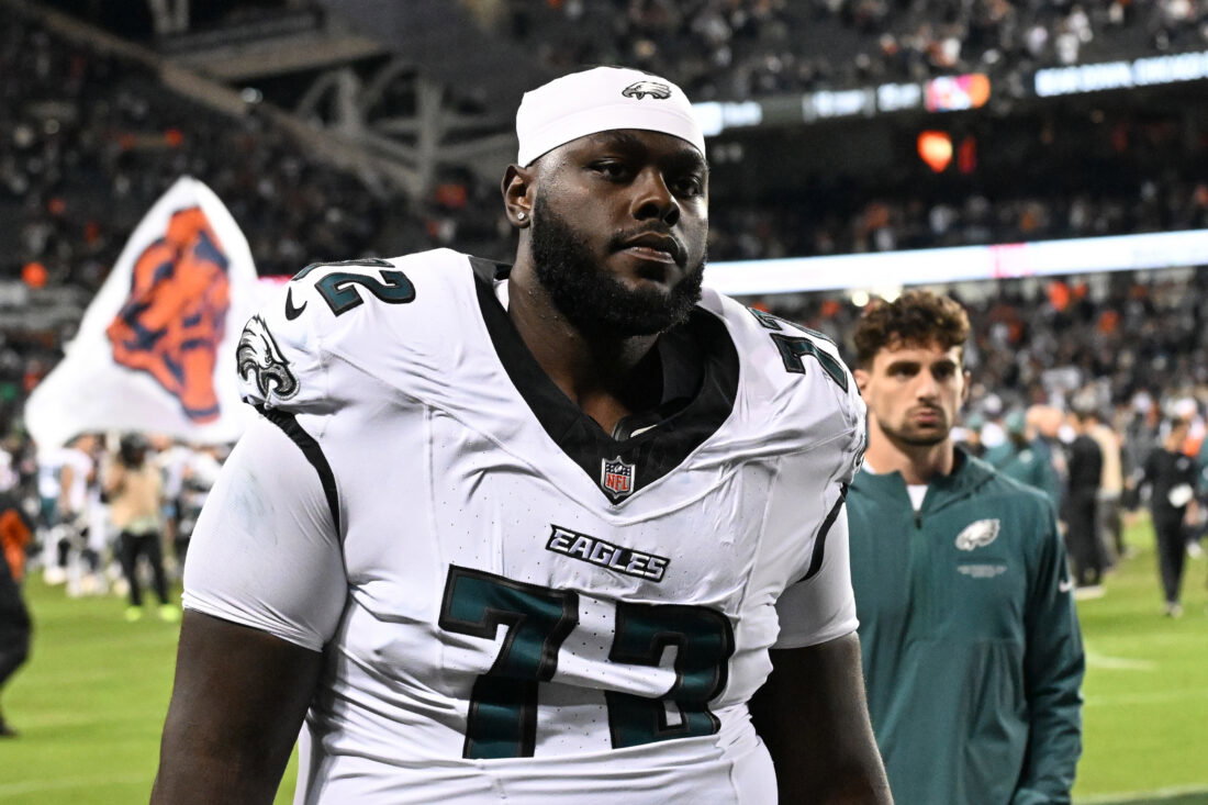 Sep 28, 2026; Chicago, Illinois, USA; Philadelphia Eagles offensive tackle Markel Bell (72) is seen against the the Chicago Bears at Soldier Field.