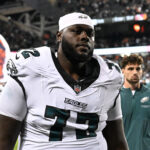 Sep 28, 2026; Chicago, Illinois, USA; Philadelphia Eagles offensive tackle Markel Bell (72) is seen against the the Chicago Bears at Soldier Field.