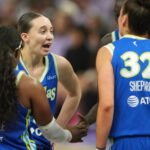 Oct 2, 2026; San Francisco, California, USA; Dallas Wings guard Paige Bueckers (second from left) talks with teammates during the third quarter of game three of the first round for the 2026 WNBA Playoffs at Chase Center. Mandatory Credit: Darren Yamashita-Imagn Images