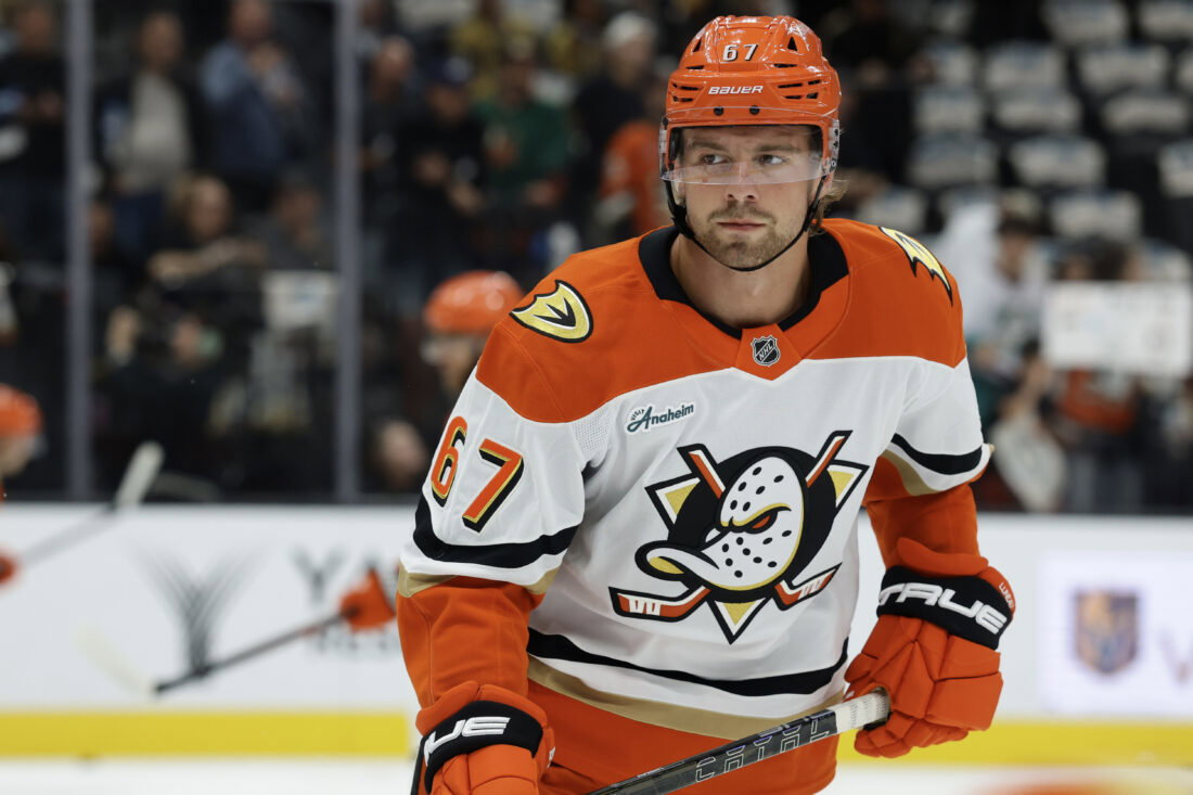 Oct 2, 2026; Las Vegas, Nevada, USA; Anaheim Ducks defenseman Tristan Luneau (67) warms up before a game against the Vegas Golden Knights at T-Mobile Arena. Mandatory Credit: Boz Bloom-Imagn Images