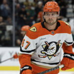 Oct 2, 2026; Las Vegas, Nevada, USA; Anaheim Ducks defenseman Tristan Luneau (67) warms up before a game against the Vegas Golden Knights at T-Mobile Arena. Mandatory Credit: Boz Bloom-Imagn Images