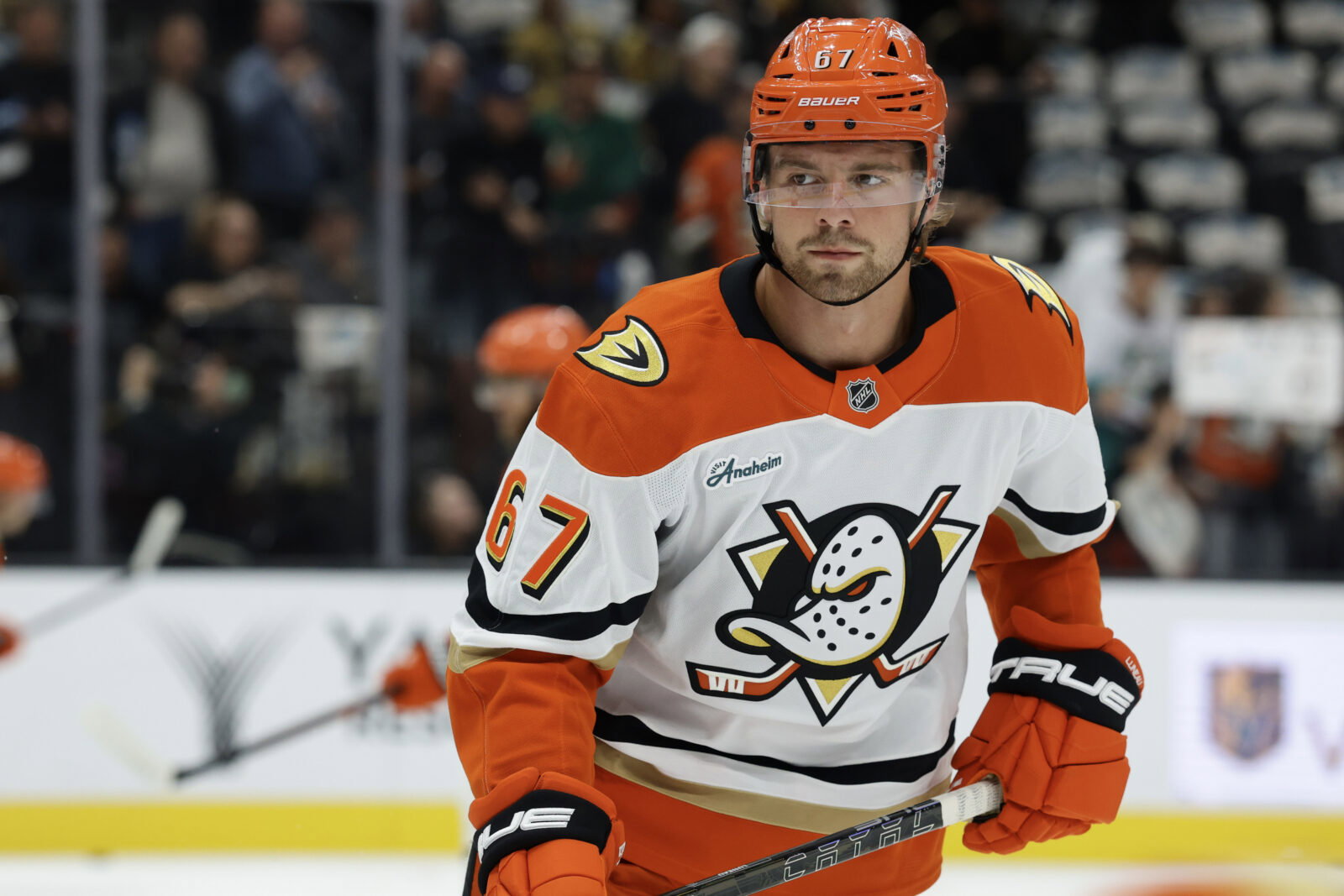 Oct 2, 2026; Las Vegas, Nevada, USA; Anaheim Ducks defenseman Tristan Luneau (67) warms up before a game against the Vegas Golden Knights at T-Mobile Arena. Mandatory Credit: Boz Bloom-Imagn Images