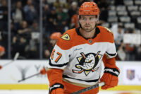 Oct 2, 2026; Las Vegas, Nevada, USA; Anaheim Ducks defenseman Tristan Luneau (67) warms up before a game against the Vegas Golden Knights at T-Mobile Arena. Mandatory Credit: Boz Bloom-Imagn Images