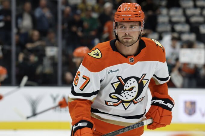 Oct 2, 2026; Las Vegas, Nevada, USA; Anaheim Ducks defenseman Tristan Luneau (67) warms up before a game against the Vegas Golden Knights at T-Mobile Arena. Mandatory Credit: Boz Bloom-Imagn Images