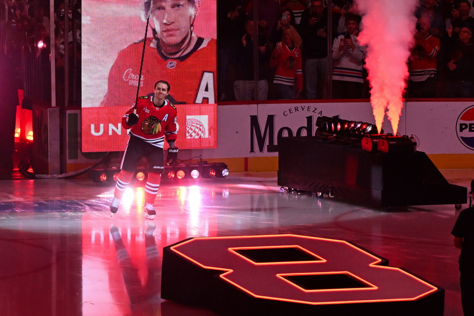Oct 6, 2026; Chicago, Illinois, USA; Chicago Blackhawks right wing Patrick Kane (88)is introduced before the game against the St. Louis Blues at United Center. Mandatory Credit: Matt Marton-Imagn Images