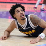Oct 6, 2026; Salt Lake City, Utah, USA; Denver Nuggets guard Julian Strawther (1) reacts to a play during the second half of a game against the Utah Jazz at Delta Center. Mandatory Credit: Rob Gray-Imagn Images