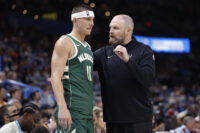 Oct 7, 2026; Oklahoma City, Oklahoma, USA; Milwaukee Bucks head coach Taylor Jenkins talks to Milwaukee Bucks guard Tyler Herro (11) during the second half of a preseason game at Paycom Center. Mandatory Credit: Alonzo Adams-Imagn Images