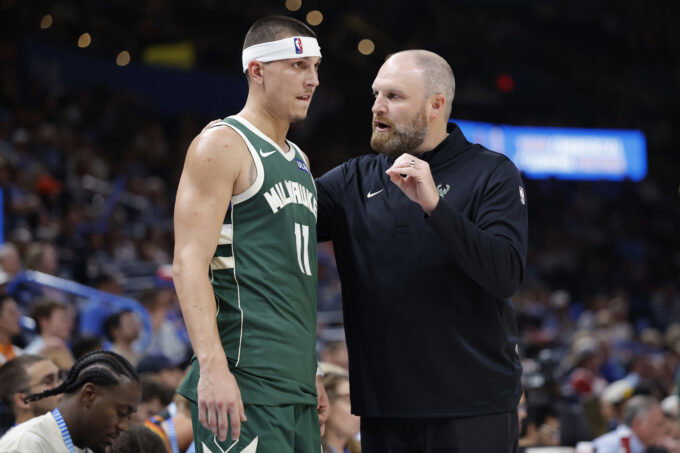 Oct 7, 2026; Oklahoma City, Oklahoma, USA; Milwaukee Bucks head coach Taylor Jenkins talks to Milwaukee Bucks guard Tyler Herro (11) during the second half of a preseason game at Paycom Center. Mandatory Credit: Alonzo Adams-Imagn Images